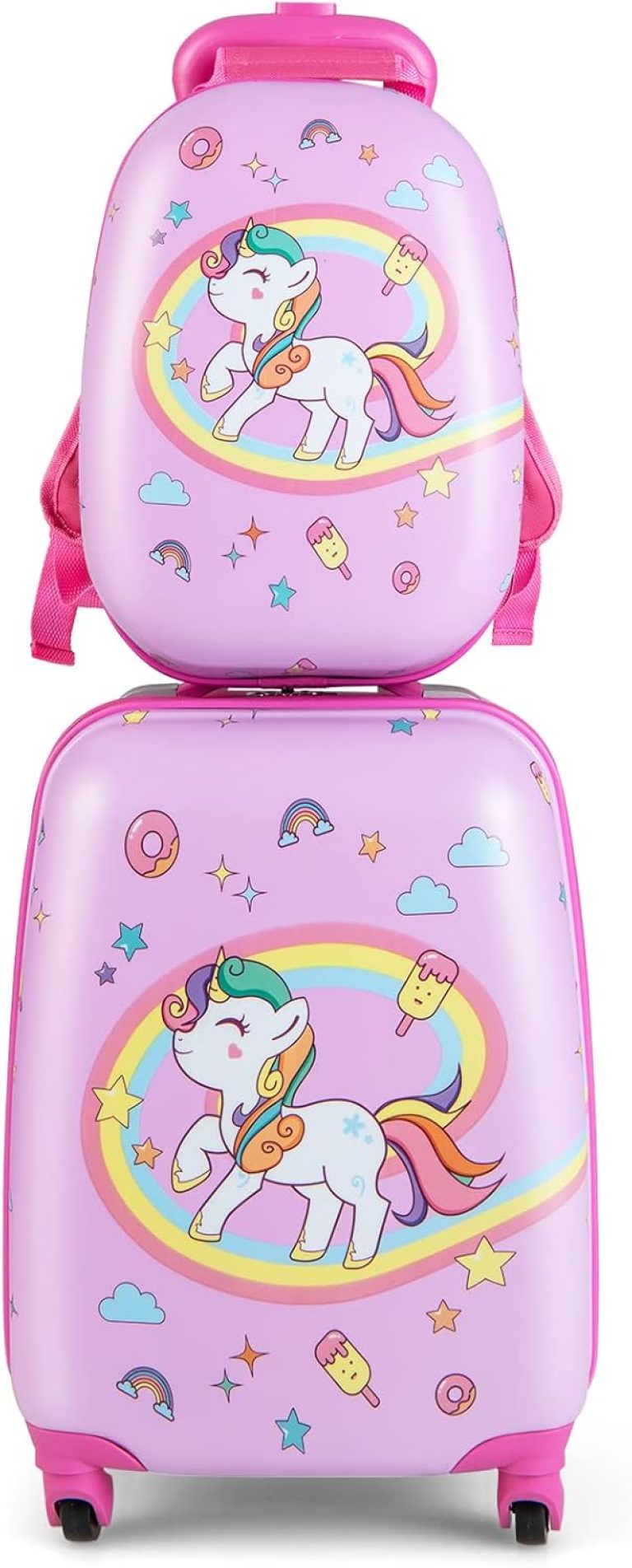 COSTWAY Valise Enfants à roulettes 16'' & Sac à Dos 12'' avec Poignée Télescopique, Bagage Enfants avec Motif Voiture d'avion, 4 Roues Rotatives, Lot de 2 Valise pour Fille Garçon (Licorne)
