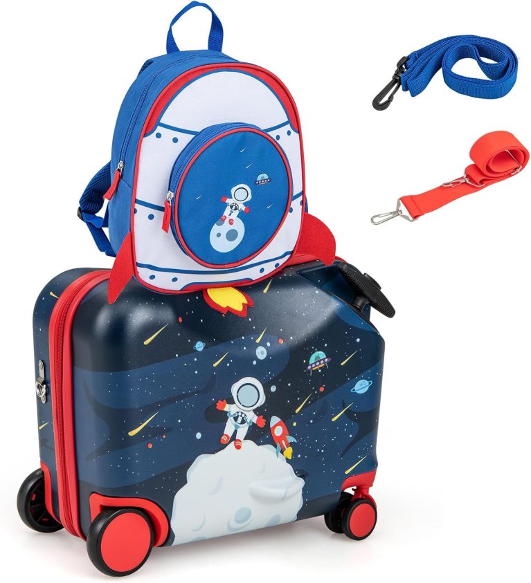 COSTWAY Valise Enfants à roulettes 18” avec Sac à Dos 12”, Bagages à Main pour Voyage avec Roues Coque Imperméable Poignée Rétractable pour Enfants de 3 Ans+ Charge 50KG+8KG (Espace)